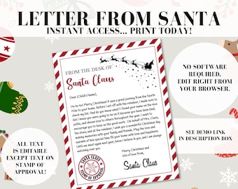 Lettre du père Noël pour le jour de Noël, papeterie imprimable du père Noël, lettre modifiable du père Noël, papier à en-tête officiel du père Noël