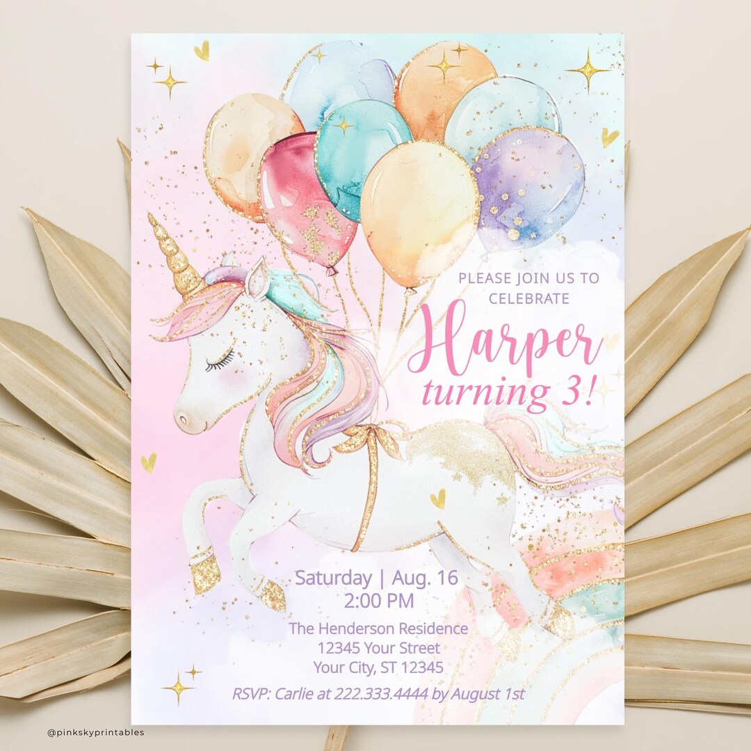Editable Unicorn Birthday Invitation for Girls, Rainbow Glitter Balloon ...