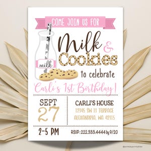Girls Milk and Cookies Birthday Party Invitation, Personalized, Printed Invitations or Digital File