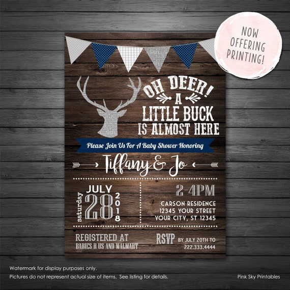 Oh Deer Baby Shower Invitation Printable Or Printed Rustic Gray Burlap Boy Little Buck Invite Navy And White