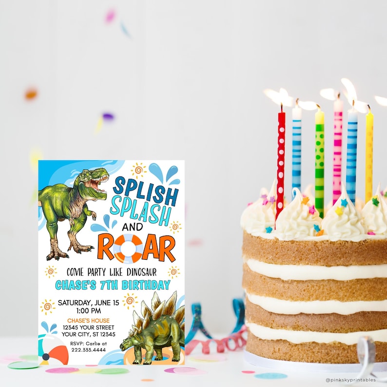 May include: A blue and orange dinosaur birthday party invitation with a green dinosaur and a blue and orange life preserver. The text reads "Splish Splash and Roar, Come Party Like Dinosaur, Chase's 7th Birthday, Saturday, June 15, 1:00 PM, Chase's House, 12345 Your Street, Your City, ST 12545, RSVP: Carlie at 222.555.4444".