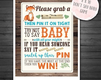 Fox Don&#39;t Say Baby Game, INSTANT DOWNLOAD, Fox Baby Shower Clothespin Game, Wood Sign, Little Fox, Fox Baby Shower Games
