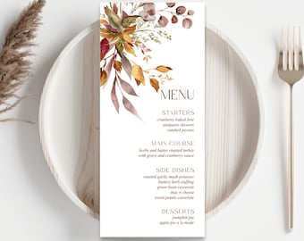 Modello di menu per la cena del Ringraziamento, menu stampabile per la cena del Ringraziamento, menu autunnale, menu modificabile, menu per la cena autunnale, decorazioni per la tavola, floreali