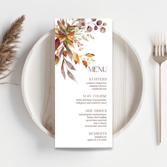 Thanksgiving Dinner Menu Template, Printable Thanksgiving Dinner Menu, Fall Menu Card, Editable Menu, Fall Dinner Menu, Table Decor, Floral