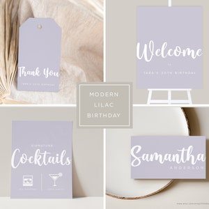30th Lavender Birthday Party , Printable Thank You Tags, Signature Cocktails Sign, Welcome Sign and Place Cards