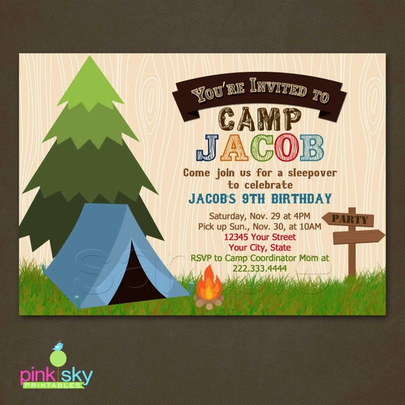 Camping Sleepover Birthday Invitations, Printable or Printed Invitations, Digital File, Slumber Party Birthday, Woods Birthday, Camp