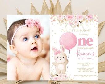 Bunny Birthday Photo Invitation with Thank You Card, EDITABLE, Bunny Birthday Party, Easter Birthday, Spring Girls Birthday Party