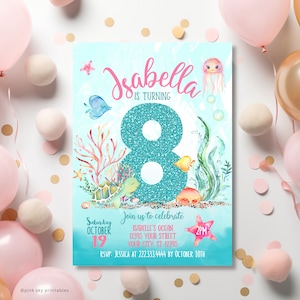 Sea Birthday Invitations, Under the Sea Girls Birthday Invitation, Printable or Printed Invitations, Beach Birthday