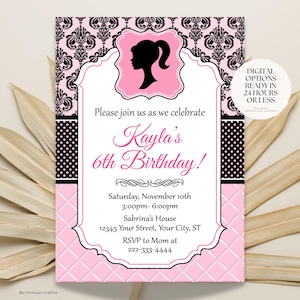 faire-part de poupée vintage | Faire-part de fête glamour pour filles | Anniversaire glamour beauté | invitation sur le thème de poupée glamour vintage | Carte de fête de poupée imprimable