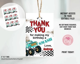 May include: Printable thank you tags featuring a monster truck design. The tags are white with black and red text that reads "Thank You for making my birthday a Smash. Love, Andrew".