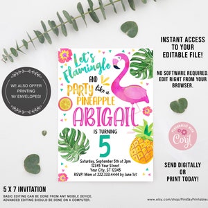 BEWERKBARE Flamingo verjaardagsuitnodiging, digitaal bestand, ananas uitnodiging, zomer, roze flamingo, INSTANT DOWNLOAD