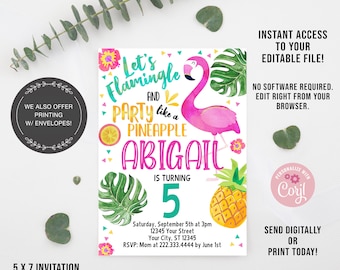 EDITABLE Flamingo Birthday Invitation, Digital File, Pineapple Invitation, Summer, Pink Flamingo, INSTANT DOWNLOAD