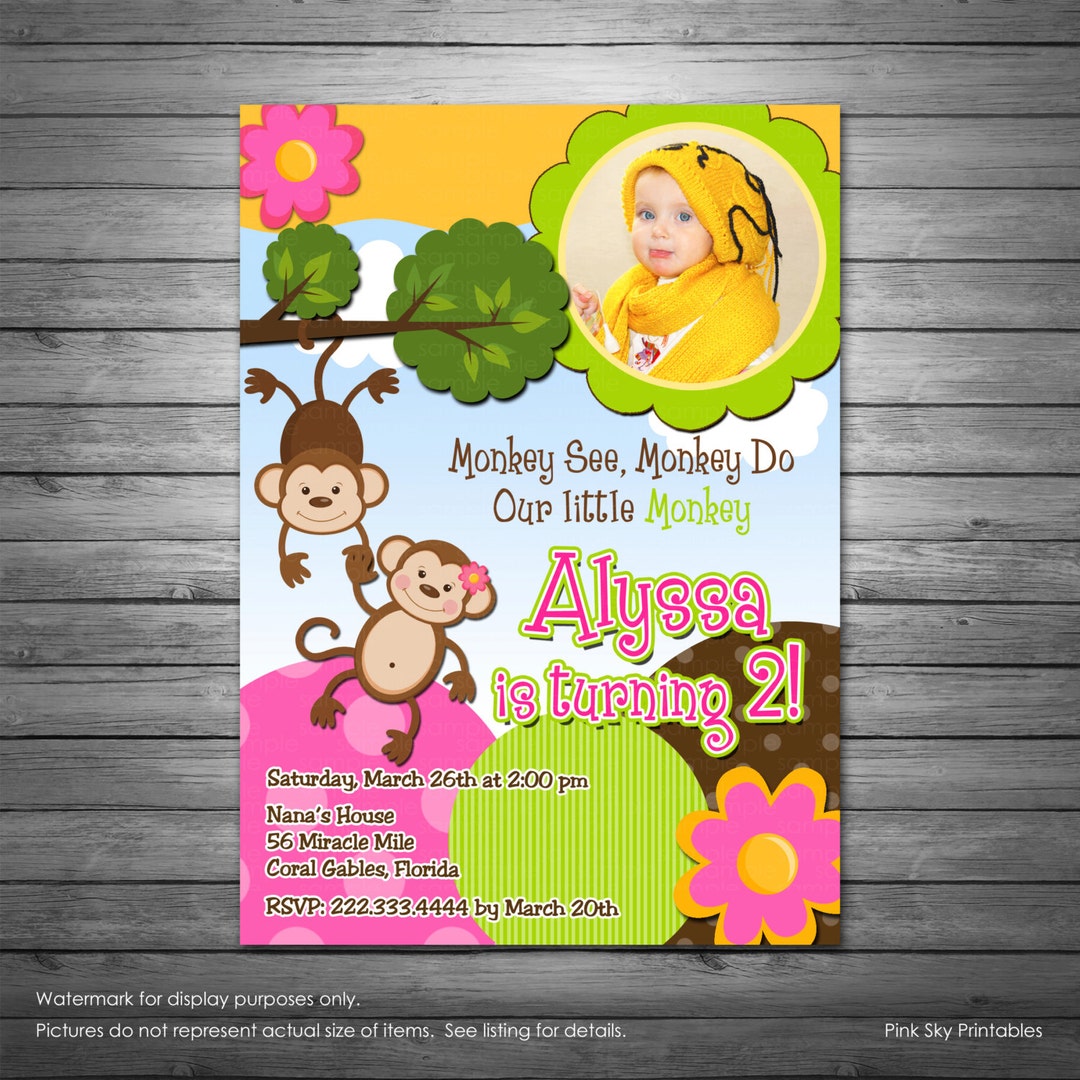 Girls Monkey Birthday Party Invitations, Printable or Printed ...