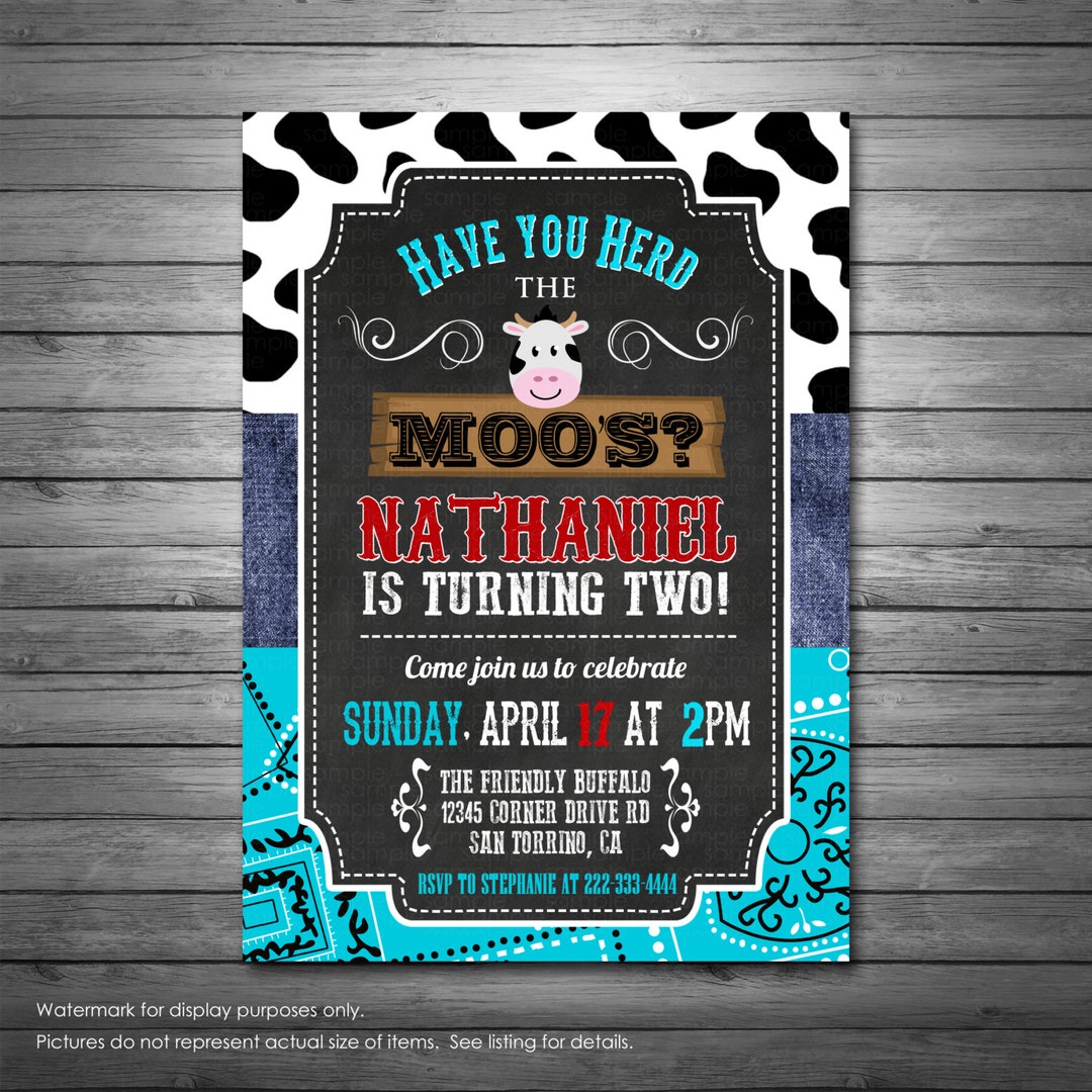 Cow Birthday Invitation, Printable File, Moo Invitation, Teal Bandana ...