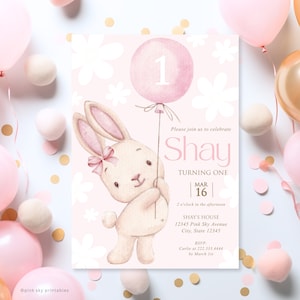 Bunny First Birthday Einladung, EDITIERBARE, Bunny Birthday Party, Ostern Geburtstag, Frühling Mädchen Geburtstagsparty, Daisy Pink Balloon
