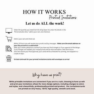 May include: How it works: A step-by-step guide for ordering printed invitations.  Select the quantity, personalize, add to cart, and checkout.  Within 24 hours, you will receive a proof via Etsy message.  Make sure your Etsy account email is valid.  After reviewing the proof, let us know if you need any changes.  Once approved, your cards will be scheduled for printing and shipped in a couple of days.  Why have us print?  Printable invitations are convenient, but choosing to have us edit and print your invitations allows for more design options, including changes to colors and styles.  Our invitations are printed on very heavy, 130 lb, high quality, smooth card stock.