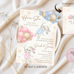EDITABLE Bunnies Gender Reveal Invitation, Baby Boy Or Girl Party Invite Template, He Or She, Spring, Bunny with Balloons, Easter image 3