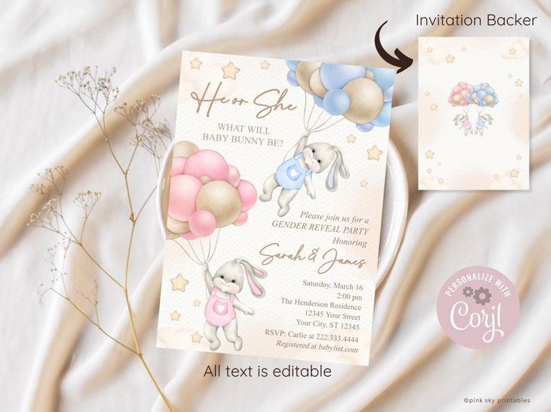 EDITABLE Bunnies Gender Reveal Invitation, Baby Boy Or Girl Party Invite Template, He Or She, Spring, Bunny with Balloons, Easter image 3