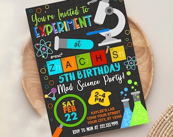 May include: A black and white invitation for a 5th birthday party with a mad science theme. The invitation features a microscope, beakers, and colorful letters spelling out "ZACH" with the number "5" in a red square. The date is Saturday, February 22nd, and the time is 2-4 PM. The invitation includes the address for Kaylee's Lab and a phone number to RSVP.