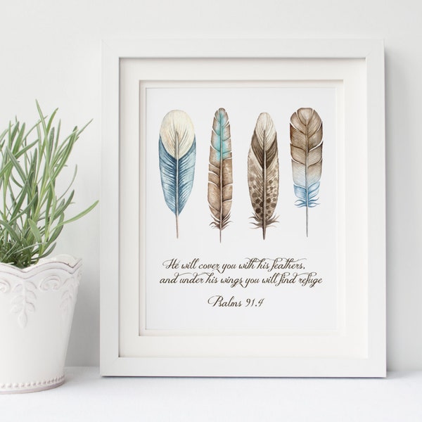 Bible Verse Print Psalm 91.4 He Will Cover You With His Feathers INSTANT DOWNLOAD Christian Nursery Art Inspirational Printables