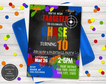 Paintball Invitation, Printable or Printed Invitations, Paintball Party invite, Paintball Birthday, Paint Splatter, Paintball Thank You Card