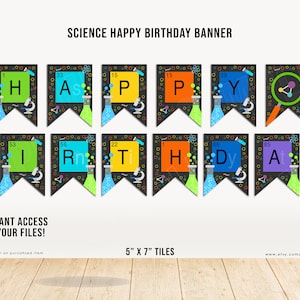 May include: Science-themed happy birthday banner with black pennants featuring colourful periodic table elements and science-related icons. The banner reads "Happy Birthday".