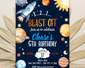 Planets Birthday Invitation Template, Rocket Ship Astronaut Invite, Galaxy Blast Off Invitation, Outer Space, Editable Invitation
