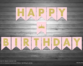 Princess Happy Birthday Banner, Instant Download, Gold Glitter Banner, Princess Birthday Banner, Printable Pink and Gold Banner