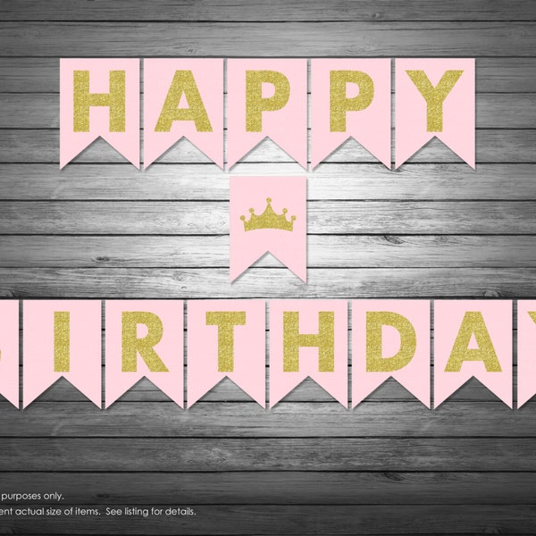 Princess Happy Birthday Banner, Instant Download, Gold Glitter Banner, Princess Birthday Banner, Printable Pink and Gold Banner