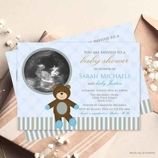 Teddy Bear Baby Shower Invitation with Sonogram or Pregnancy Photo, Boy Baby Shower, Cute Teddy Bear, Printable or Printed Invitations