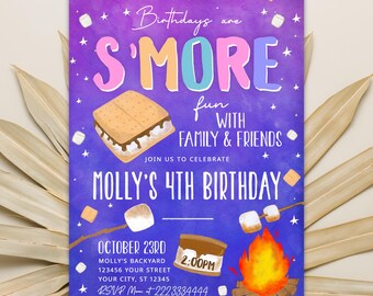 May include: Purple and blue watercolor invitation with a s'more theme. The text reads "Birthdays are S'MORE fun with family and friends. Join us to celebrate Molly's 4th Birthday. October 23rd, Molly's Backyard, 123456 Your Street, Your City, ST 12345, 2:00PM, RSVP M +2223334444".