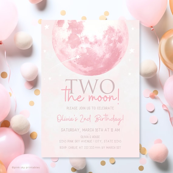 Two the Moon Birthday Invitation Template Girl, Two the Moon 2nd Birthday Space Invite Girls Printable, Girls 2nd Birthday Pink EDITABLE