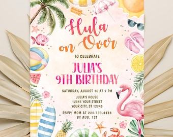 Hula on Over Birthday Invitation for Girls, Tropical Luau Party Invite, Hawaiian Theme Beach Party, Editable Summer Invite