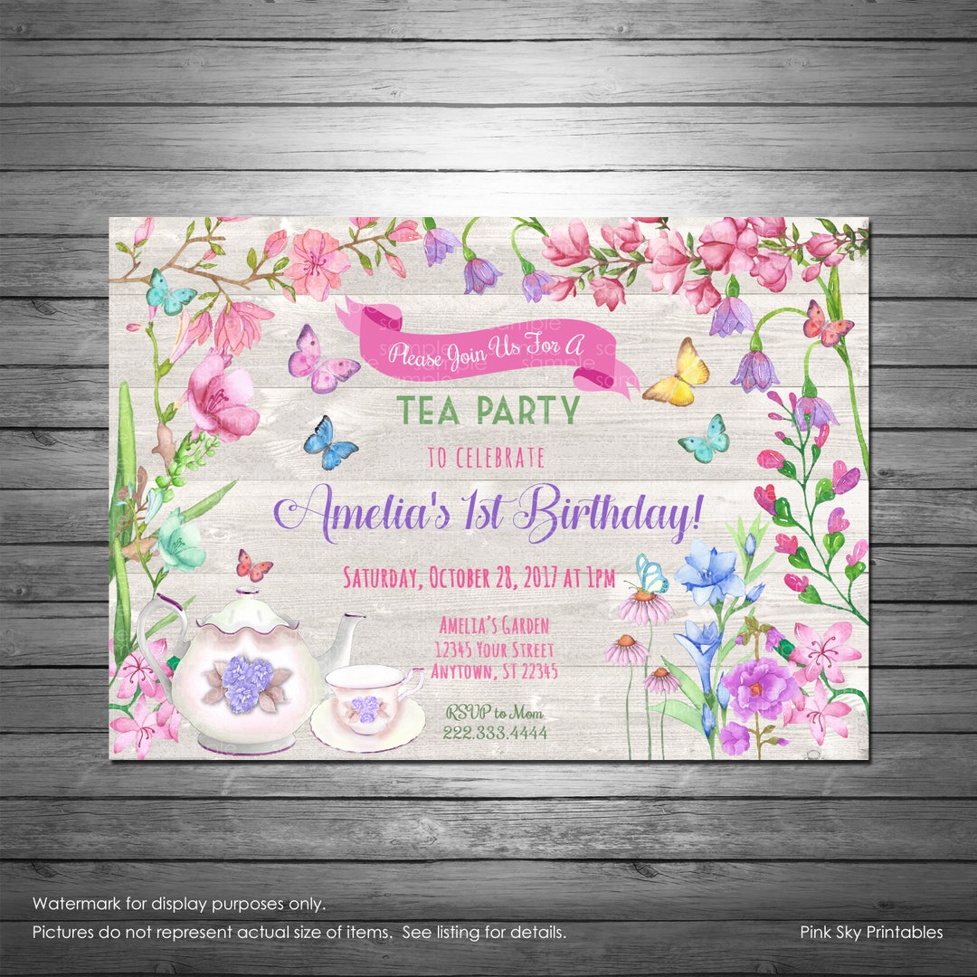 Garden Tea Party Birthday Invitation, Printable File, Pink Sky ...
