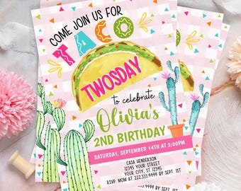 Invitación de cumpleaños de Taco Twosday, EDITABLE, Imprimible, Fiesta mexicana, Martes de tacos, Cactus, Cumpleaños mexicano, Invitación a fiesta de tacos