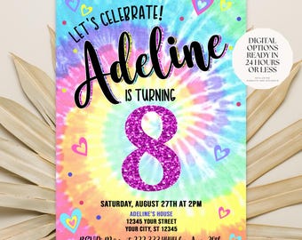 Tie Dye Birthday Invitation, Girls Tie Dye Birthday, Retro Party Invitation, T-shirt painting Party, Digital File, 24 Hour Turnaround