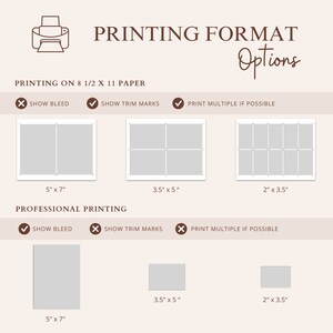 May include: A diagram showing different print sizes for 8.5 x 11 inch paper. The options include showing bleed, trim marks, and printing multiple copies if possible. The sizes shown are 5 x 7 inches, 3.5 x 5 inches, and 2 x 3.5 inches.