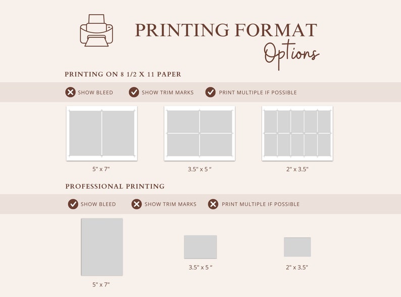 May include: A diagram showing different print sizes for 8.5 x 11 inch paper. The options include showing bleed, trim marks, and printing multiple copies if possible. The sizes shown are 5 x 7 inches, 3.5 x 5 inches, and 2 x 3.5 inches.