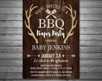 Deer BBQ Diaper Party Baby Shower Invitation, Printable or Printed Invitations, Deer Baby Shower, Rustic Boy Baby Shower, Little Buck Invite