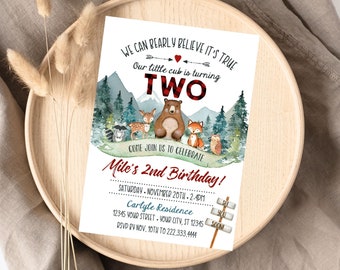 Woodland Birthday Invitation, Printable or Printed Invitations, Bear Birthday, Wilderness Birthday, Forest Animals, Deer, Raccoon, Owl, Fox