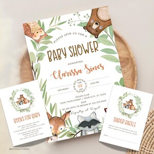 Invitación para baby shower con temática de bosque, invitaciones digitales o impresas, baby shower con temática de bosque de género neutro, rifa de pañales, solicitud de libro INCLUIDO
