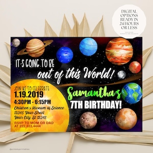 Weltraum Geburtstagseinladung, druckbare oder gedruckte Einladungen, Galaxy Geburtstagseinladung, Sonnensystem, Planeten Geburtstag, Astronomie