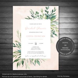 Greenery Blush Bridal Shower Invitations, Printable or Printed Invitations, Foliage Bridal Shower Invitation, Wedding, Greenery Wedding