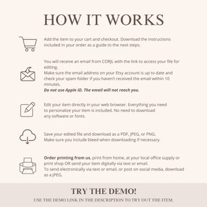 May include: A white background with a black and gray graphic design showing how to use a digital product. The graphic design includes icons of a shopping cart, an envelope, a pencil, a cloud, and a printer. The text reads "How it works" and "Try the demo!"
