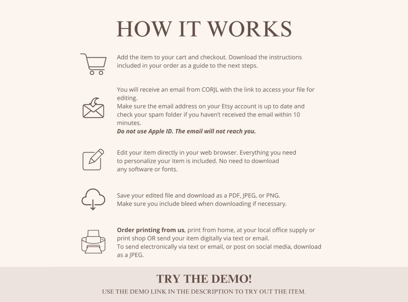 May include: A white background with a black and gray graphic design showing how to use a digital product. The graphic design includes icons of a shopping cart, an envelope, a pencil, a cloud, and a printer. The text reads "How it works" and "Try the demo!"
