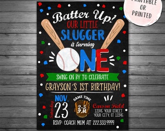 Baseball Birthday Invitation, Printable or Printed Invitations, Little Slugger Invitation, First Birthday Baseball Invitation, Sports