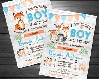 Fox Baby Shower Invitation, Printable or Printed Invitations, Fox Wood Baby Shower, Rustic Baby Shower, Little Fox Invite, Forest Animals