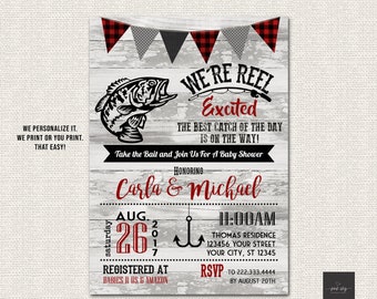 Fishing Baby Shower Invitation, Digital File, Wood, Hook, Reel Excited, Bass Fishing, Plaid, Rustic, Baby Shower