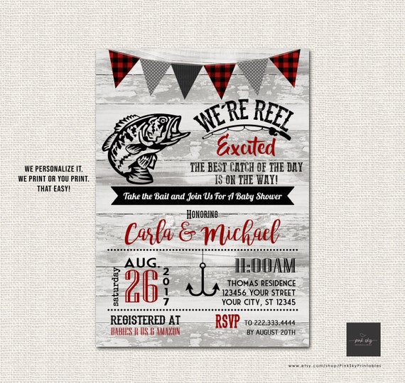 Fishing Baby Shower Invitation, Digital File, Wood, Hook, Reel Excited,  Bass Fishing, Plaid, Rustic, Baby Shower