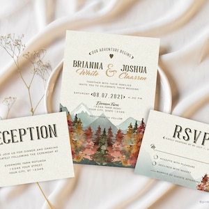 Mountains Fall Wedding Invitation, Rustic Wedding, Wilderness, Trees, Watercolor, RSVP, Reception, Included, Printable or Printed
